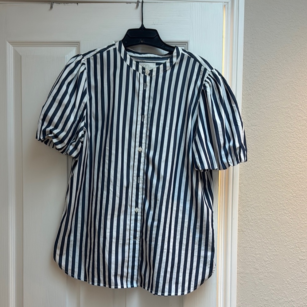 J.Crew Navy/white striped short puff sleeve shirt.  Sz 12